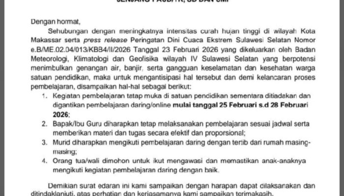 Hujan Deras, Disdik Makassar Terapkan Belajar Daring Empat Hari untuk PAUD hingga SMP