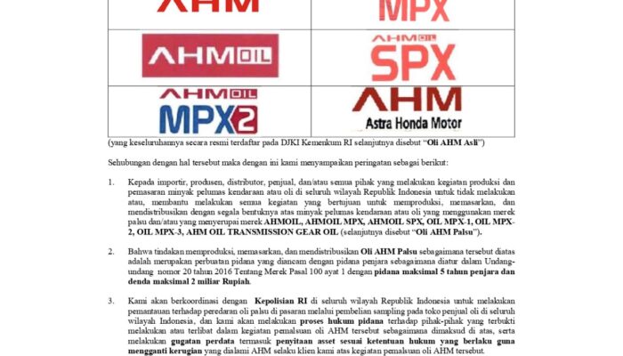 AHM Perkuat Perlindungan Merek Oli Resmi, Konsumen Diimbau Waspada Produk Palsu